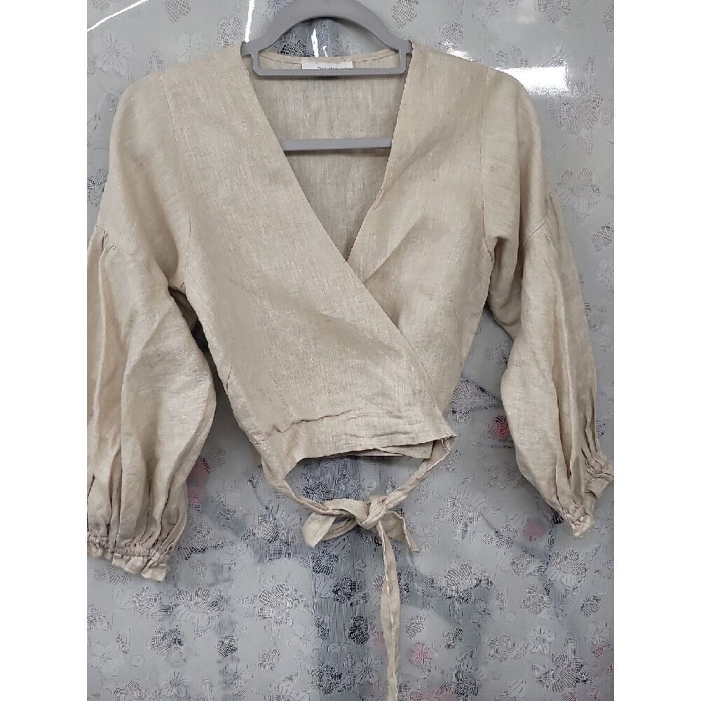 Dissh Wrap Front Balloon Sleeve Crop Top - Beige Size Small - Picture 5 of 9
